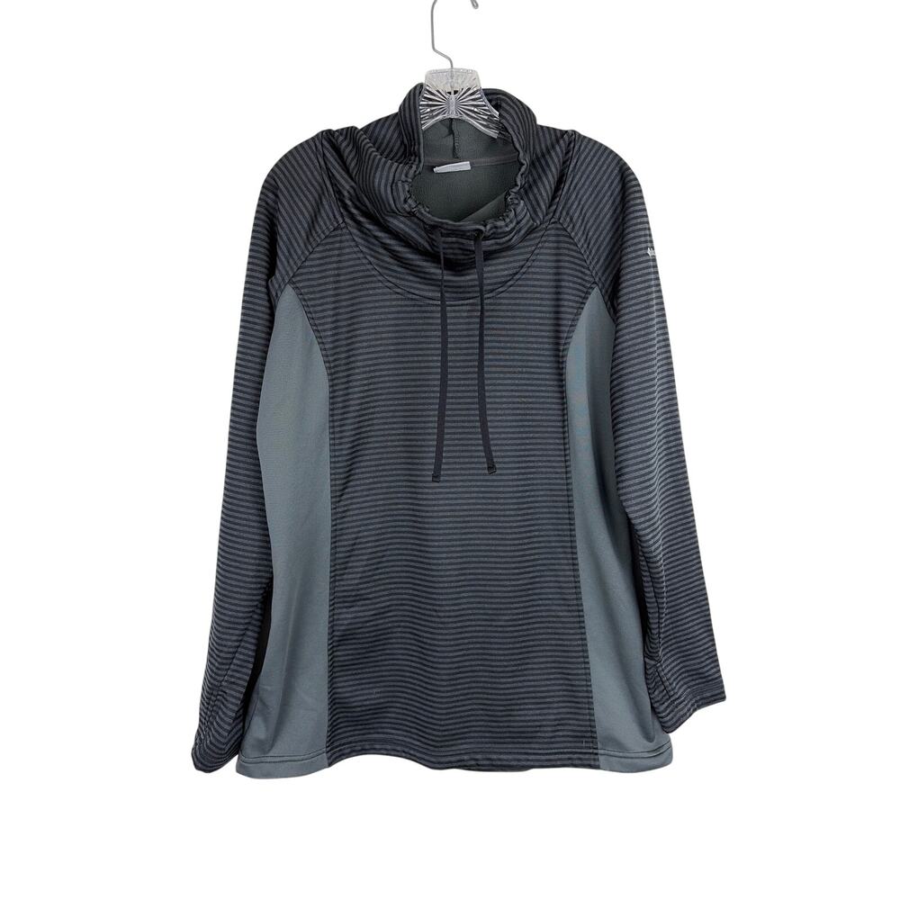 Columbia Womens Sweatshirt Large Gray Black Stripe Funnel Neck Fleece Lined